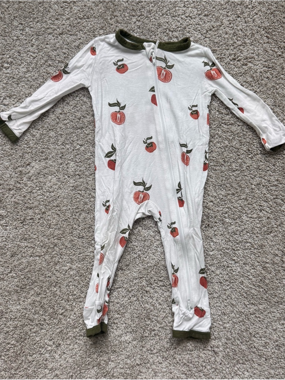 Kyte BABY White Footed Zipper Romper with Red Apple Print and Olive Trim